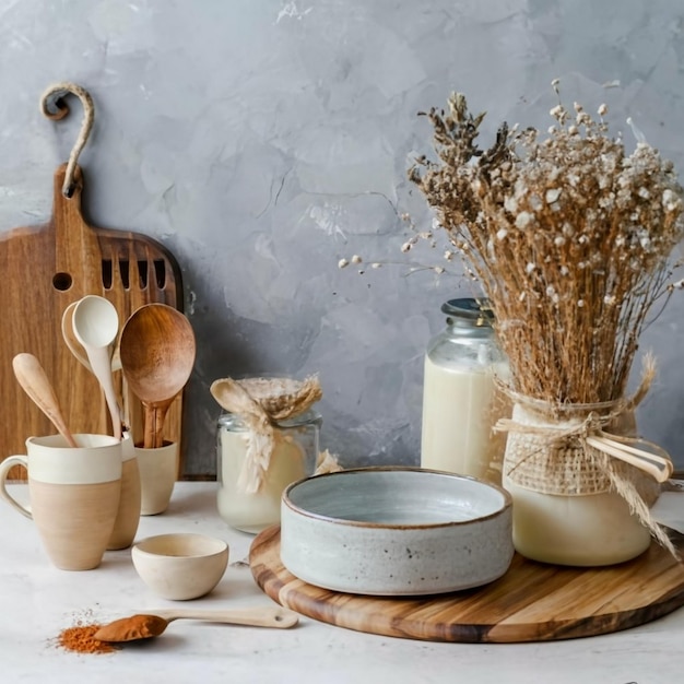 Kuchenny stół z naczyniami